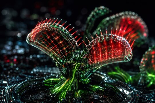 Futuristic venus flytrap plant with glowing red and green neon lights