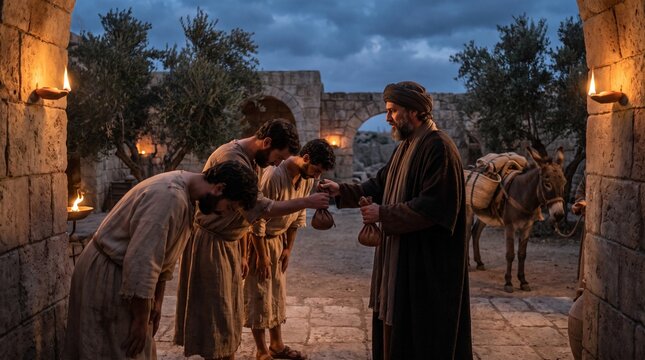 Biblical Parable of the Talents, Wealthy Master Giving Bags of Money to Servants in Ancient Courtyard at Dusk
