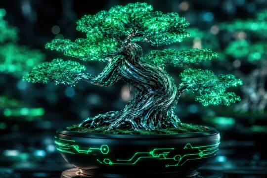 Neon circuit bonsai tree with glowing green light for futuristic design