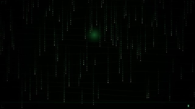 Dynamic Stream of Digital Particles Falling Against a Deep Black Background Symbolizing Big Data and Technology Concepts
