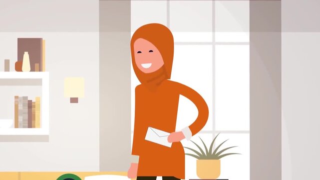 2D Animated Muslim Woman Wearing Hijab Holding Letter Envelope Standing in Modern Office Room Flat Vector Character Animation Footage