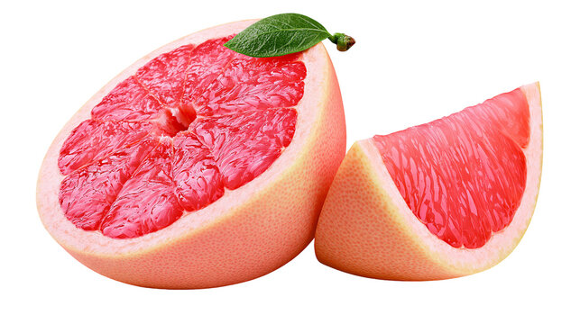 Grapefruit half and slice with green leaf
