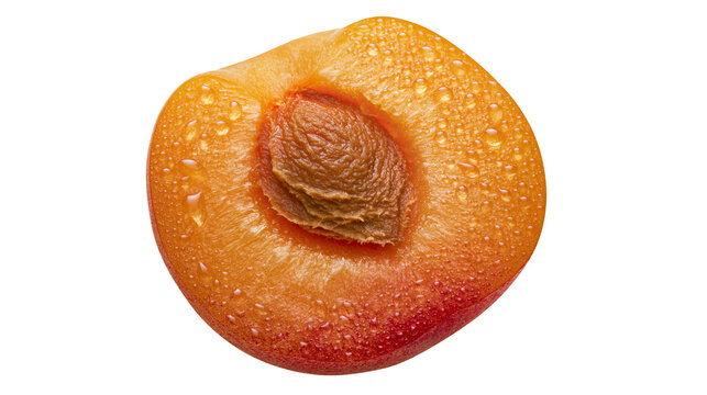 Half ripe apricot with water drops and pit