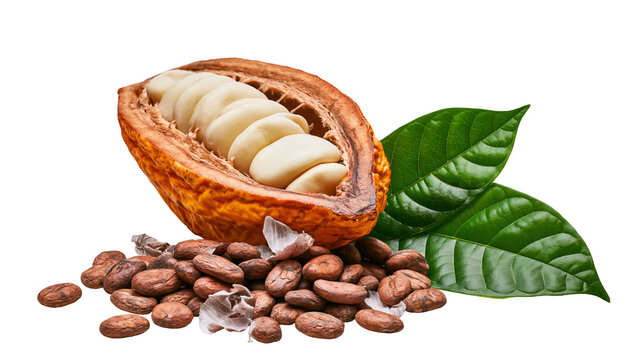 Open cocoa pod with beans and leaves