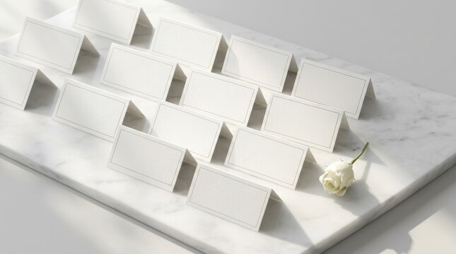 Blank White Place Cards and Rose on Marble Surface Mockup