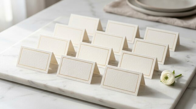 Blank Elegant Place Cards with Gold Borders on Marble Surface