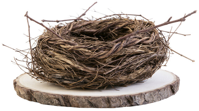 Natural bird nest made of twigs and branches on a wooden slice