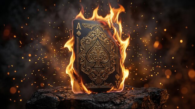 Ace of spades playing card engulfed in intense hot flames with glowing sparks and dark moody background atmosphere
