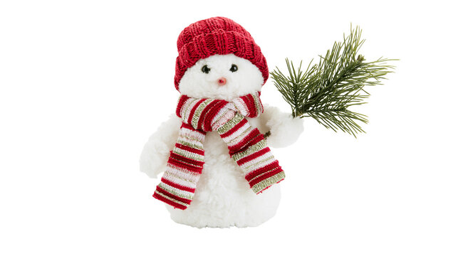 Plush snowman with red knitted hat and striped scarf holding pine branch