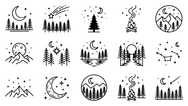 Set of hand drawn night nature icons with moon stars mountains and trees in a simple line style