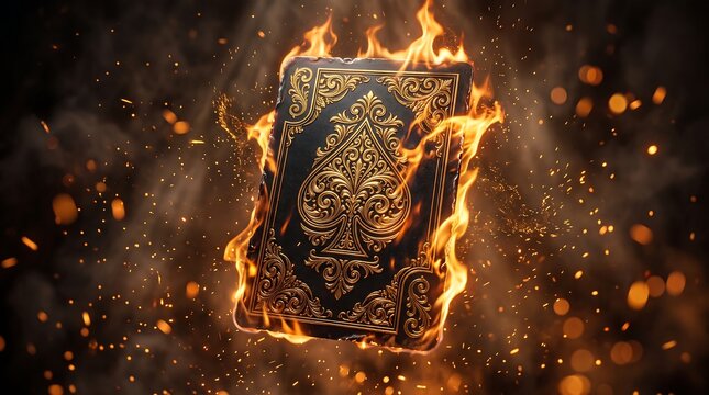 Burning ace of spades playing card engulfed in bright orange flames with swirling sparks and dark smoky background