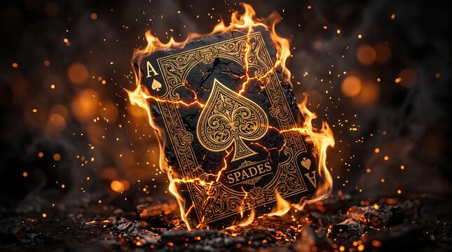 Ace of spades playing card engulfed in bright orange flames with burning embers against a dark background