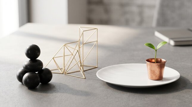 Minimalist Zen office decor featuring a green plant sprout in a copper pot, balanced black stone spheres, and geometric gold wireframe sculpture on a concrete desk.