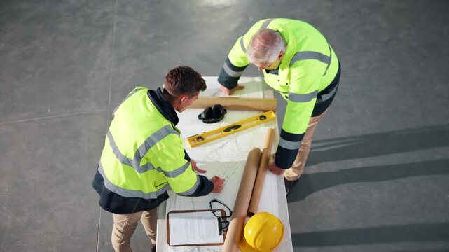 Architecture, above and men with blueprint in meeting for planning, renovation and building project. Collaboration, talking and people with drawing, floorplan or layout for construction or remodeling