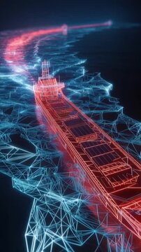An abstract visualization of a large cargo ship navigating a digital sea of interconnected glowing lines and nodes. ..Created with Generative AI, not depicting real subjects.