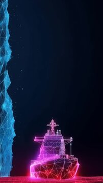 A wireframe depiction of a colossal ship, rendered in vibrant neon pink and purple, sails through a starlit sea of futuristic blue network. ..Created with Generative AI, not depicting real subjects.