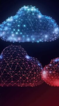 Digital cloud computing network, abstract geometric shapes of glowing blue and red clouds connected by a web of nodes and lines. ..Created with Generative AI, not depicting real subjects.