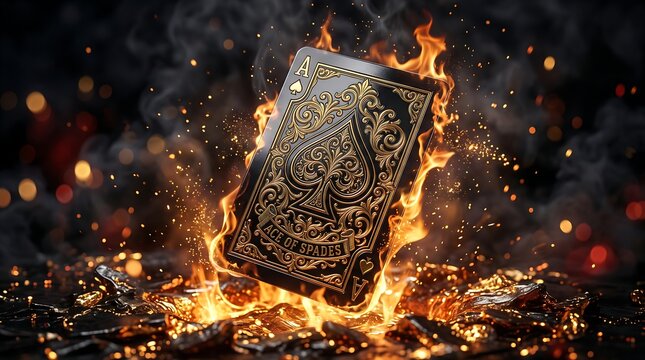 Ace of spades playing card burning in intense fire with golden smoke and cinematic dark moody lighting