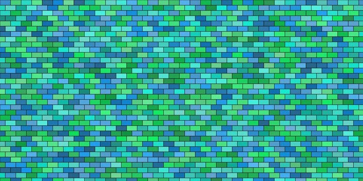 Abstract pixelated wall pattern in shades of blue and green for backdrop.