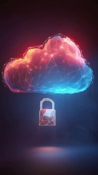 A luminous cloud, intricately woven with a glowing network of digital connections, hovers above a secured padlock. ..Created with Generative AI, not depicting real subjects.