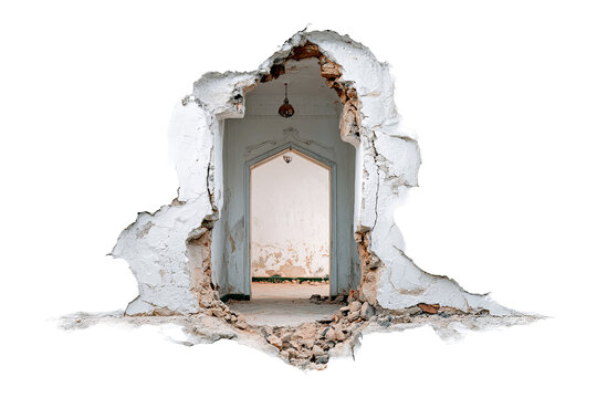 Damaged doorway with torn wall, realistic broken concrete texture, isolated PNG on transparent background
