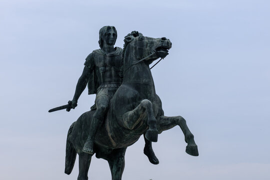 Thessaloniki, Greece - April 14, 2026 : View of the bronze Alexander the Great Monument in Thessaloniki, Greece, showing Alexander riding his horse Bucephalus and a sword in his hand