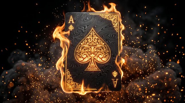 Black ace of spades playing card engulfed in intense golden flames with dark smoke and glowing ember particles