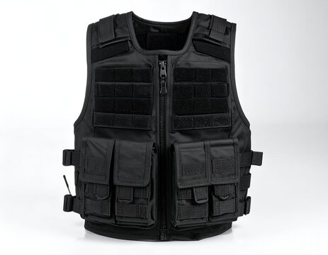 A black, tactical vest with pouches, velcro panels, and a front zipper on a white backdrop