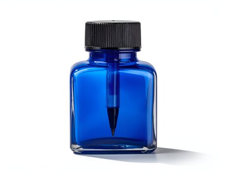 A square, cobalt-blue glass ink bottle with a black screw-top and attached dropper