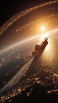 A massive cargo ship sails across the vast ocean, leaving a trail of white foam behind it. ..Created with Generative AI, not depicting real subjects.