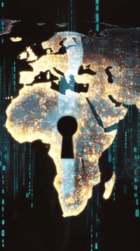Digital world map showing Africa illuminated at night, overlaid with a prominent keyhole symbolizing data security and global connectivity. ..Created with Generative AI, not depicting real subjects.