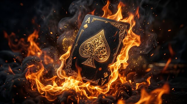 Black ace of spades playing card engulfed in intense fire with glowing embers and dramatic dark smoke atmosphere