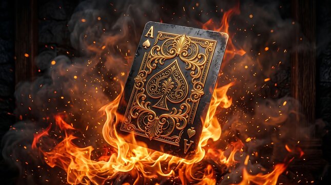 Ace of spades playing card engulfed in intense fire with glowing embers and smoke on black background