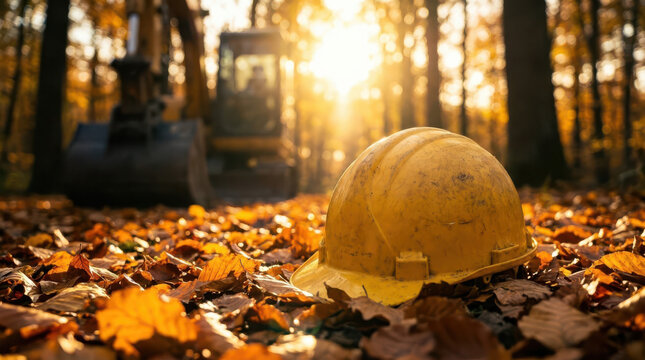 Labor Day construction scene featuring weathered yellow safety helmet on autumn leaves with golden morning sunlight and construction equipment, skilled workers, craftsmanship and dedication
