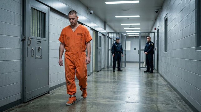 Inmate walking in orange jumpsuit with shackles in prison corridor  