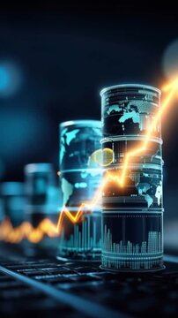 Global oil market trends displayed on futuristic digital barrels, with a vibrant orange graph showing an upward trajectory. ..Created with Generative AI, not depicting real subjects.