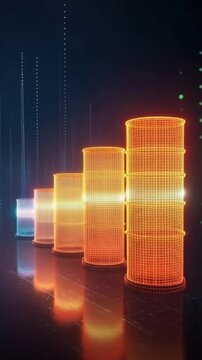 A series of glowing, transparent cylinders arranged in an ascending bar graph, symbolizing growth and data in a futuristic digital landscape. ..Created with Generative AI, not depicting real subjects.