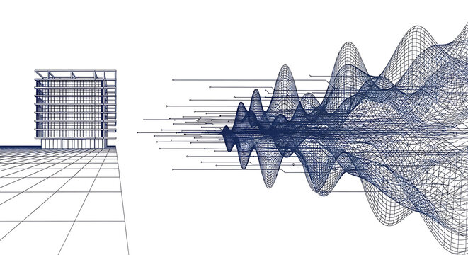 Architectural wireframe rendering and data visualization waves, blueprint concept