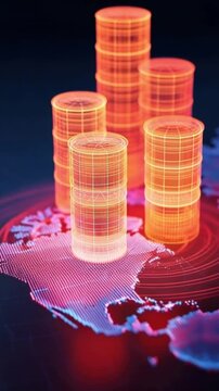 Global economic crisis and financial market volatility represented by glowing oil barrels stacked precariously on a digital map. ..Created with Generative AI, not depicting real subjects.