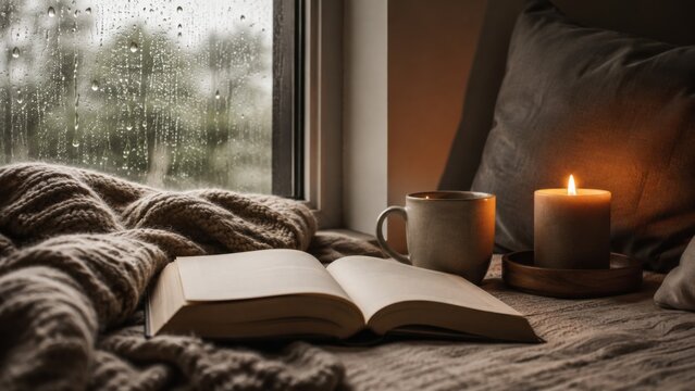 Open book, warm drink and glowing candle beside a rainy window with soft blanket ideal for cozy reading, relaxation and autumn lifestyle content