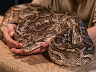 Fototapeta premium A person gently holds a large, coiled python with intricate brown and black patterns on its scales.
