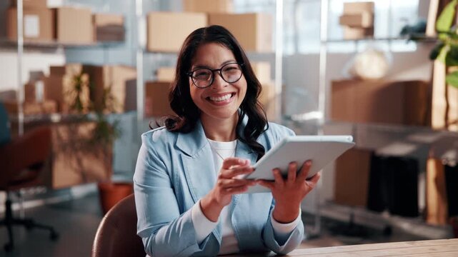 Face, woman and ecommerce startup with tablet, research and confirm order for stock control. Portrait, female person and happy in workplace with tech, inventory availability and catalog for delivery