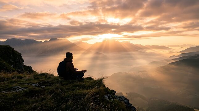 Hiker sits peacefully on a mountain peak while watching the golden sunrise.