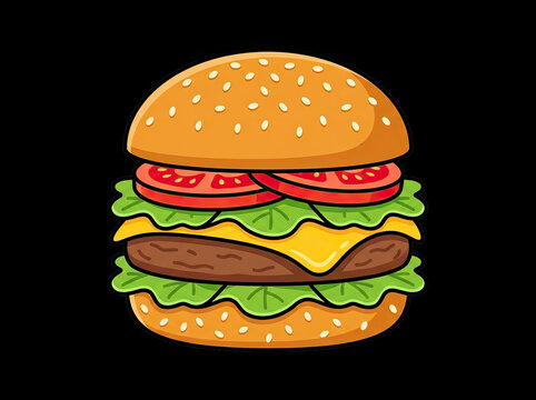 Classic cheeseburger illustration featuring a juicy beef patty cheese lettuce and tomatoes on a soft sesame seed bun isolated on black background cheeseburger fastfood sandwich