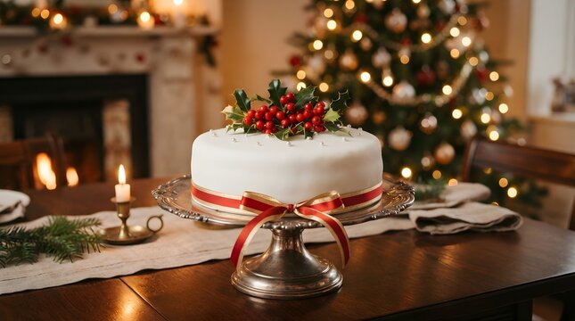Christmas cake sits on a wooden table inside a cozy and festive dining room.