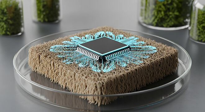 Surreal biological technology concept: CPU chip on fibrous material in petri dish