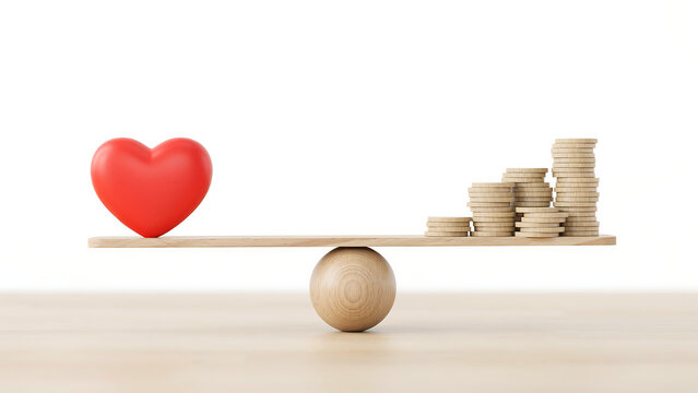 Red heart and growing stacks of coins balanced on a wooden seesaw with business