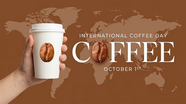 Hand holding disposable cup with coffee bean logo against brown world map background with featuring roasted coffee white disposable paper displays human hand international celebration silhouette