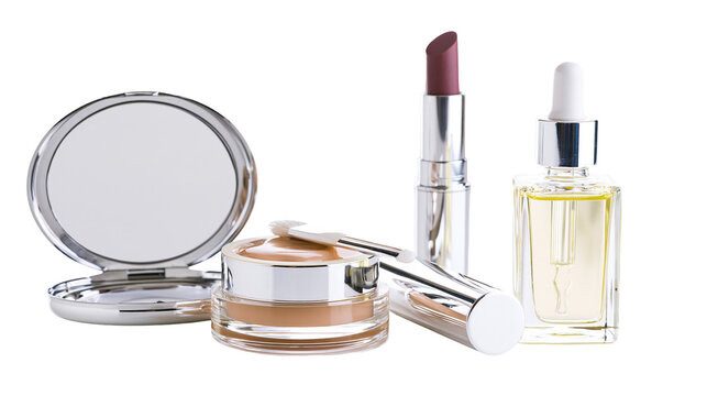 Cosmetic products compact mirror foundation jar with brush lipstick, and serum bottle