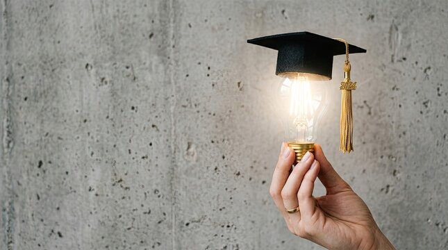 Hand holding glowing graduation cap lightbulb with 2024 tassel symbolizing bright future with topped graduation illumination achievement inspiration celebration opportunity development learning